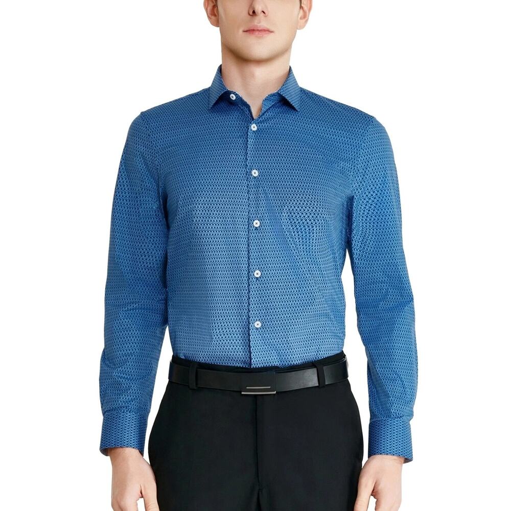 Tallia Men Slim Fit Button-Up Shirt Large 16-16.5 (34-35) Blue Geometric Stretch